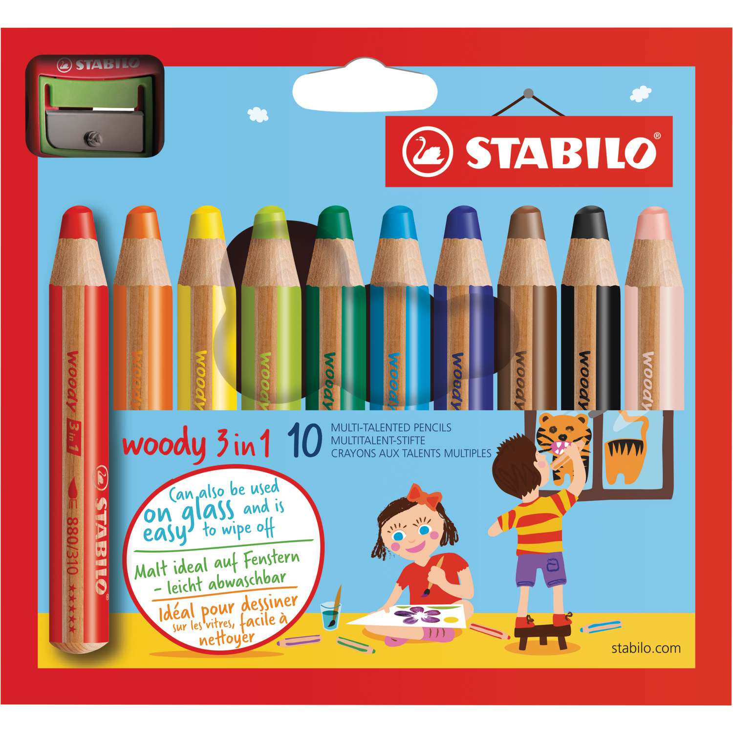 STABILO woody 3 in 1 set of ten thick coloured pencils with a sharpener