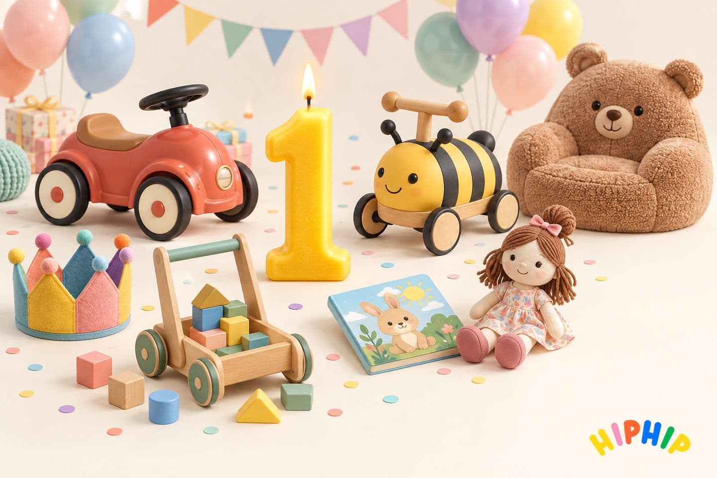 First-birthday scene with a large number one, playful gifts and hip hip logo