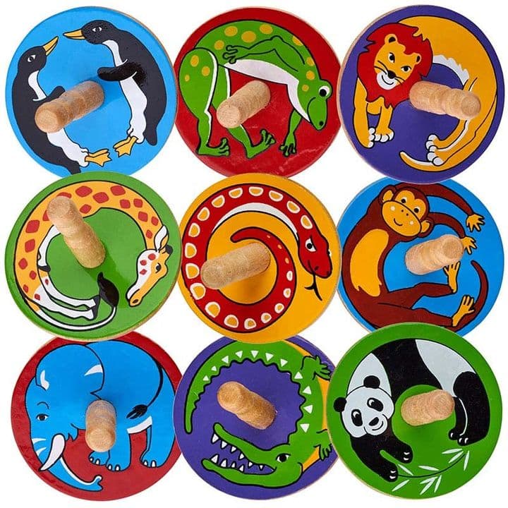 Selection of colourful Lanka Kade wooden spinning tops