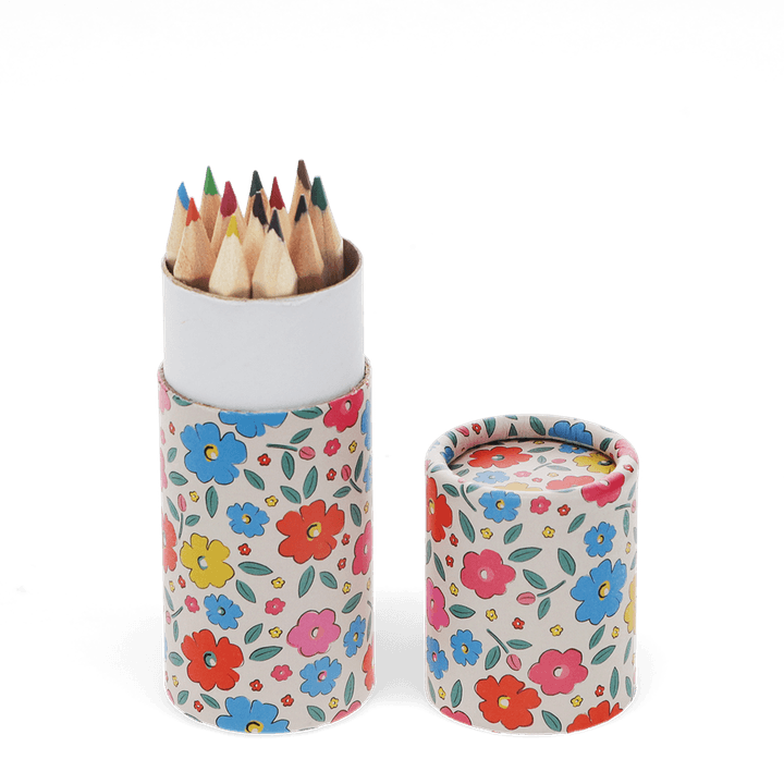 Floral tube containing twelve short colouring pencils
