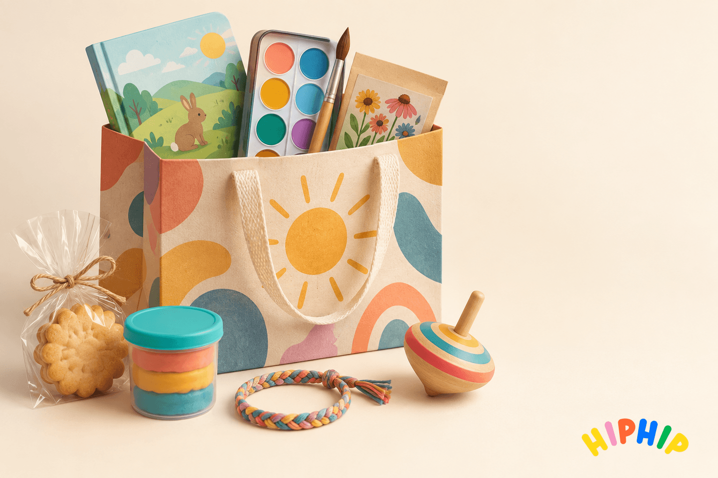 Colourful reusable party bag with a picture book, paints, modelling dough, biscuit, bracelet, seed packet and wooden spinning top