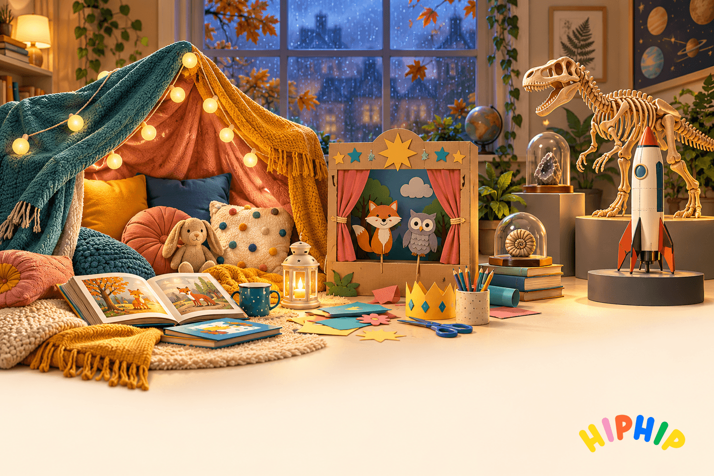 Cosy rainy-day den, puppet theatre and museum-inspired rocket and dinosaur displays, with the hip hip logo
