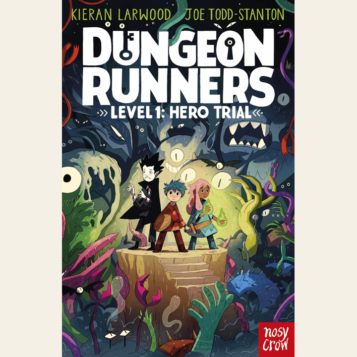 Dungeon Runners: Level 1: Hero Trial paperback cover, showing three heroes surrounded by fantasy monsters.