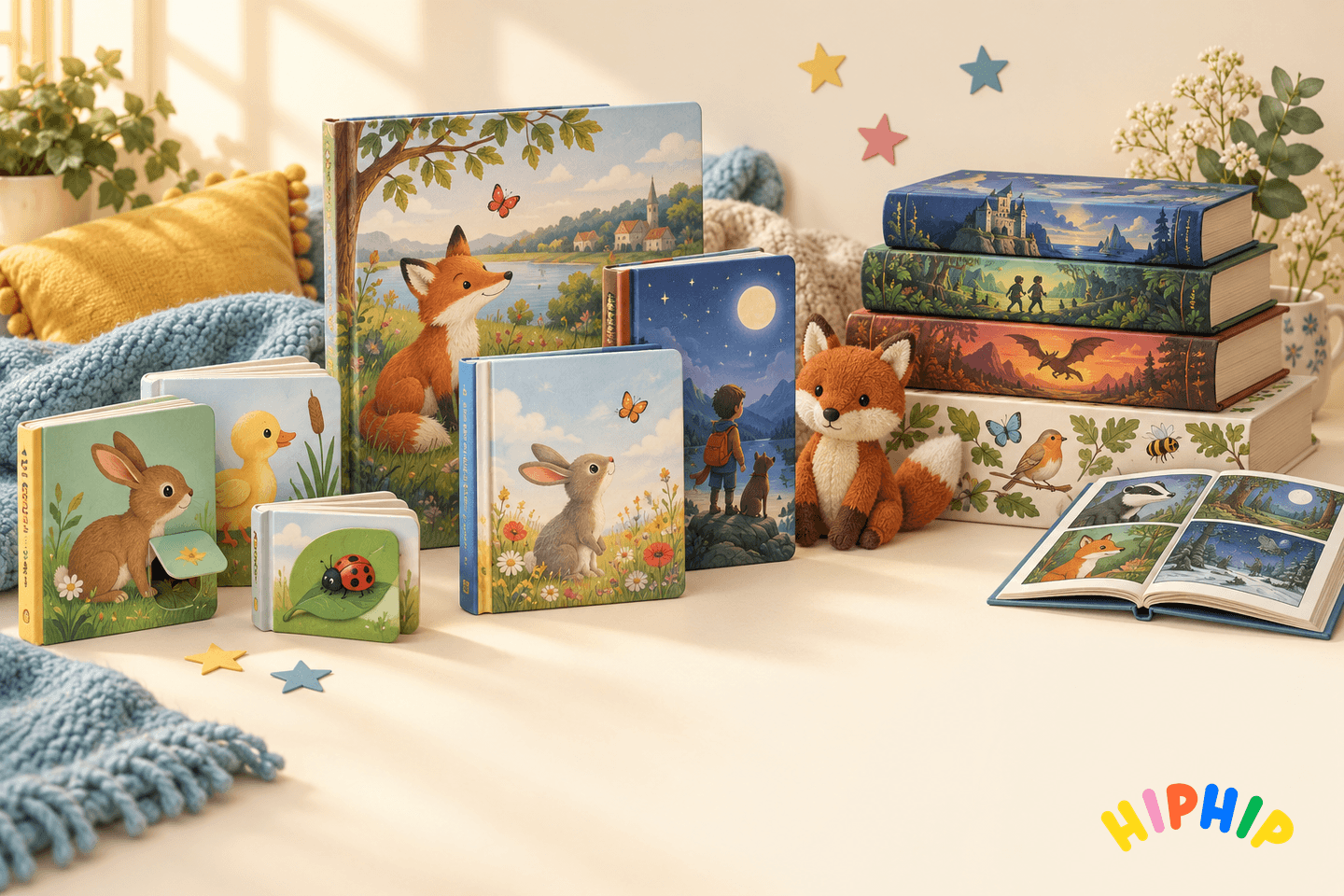 Illustrated progression from board books to chapter books, with hip hip logo