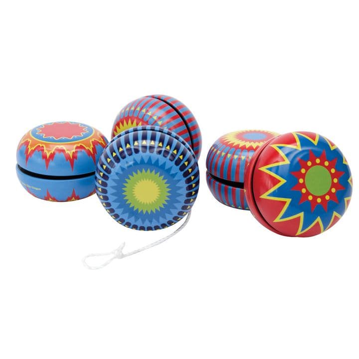 Colourful Schylling tin yo-yo with a retro design