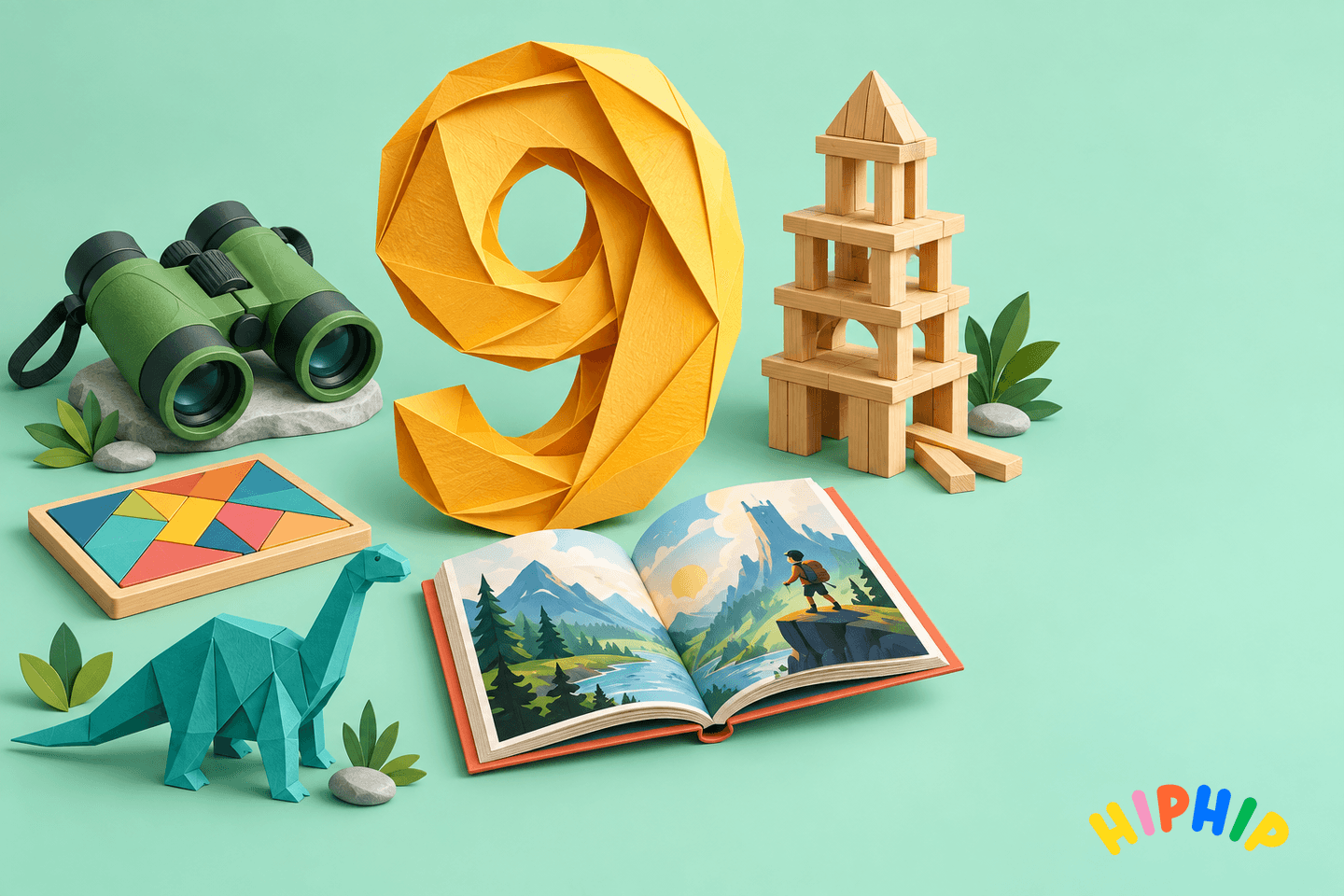 A golden paper number 9 surrounded by binoculars, a puzzle, wooden construction, an adventure book and a paper dinosaur.