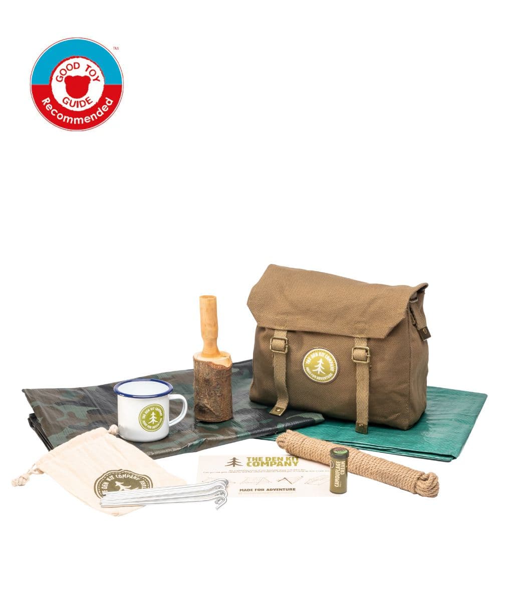 Original Den Kit cotton haversack with tarpaulin, groundsheet, wooden mallet, rope, pegs, mug and face paint