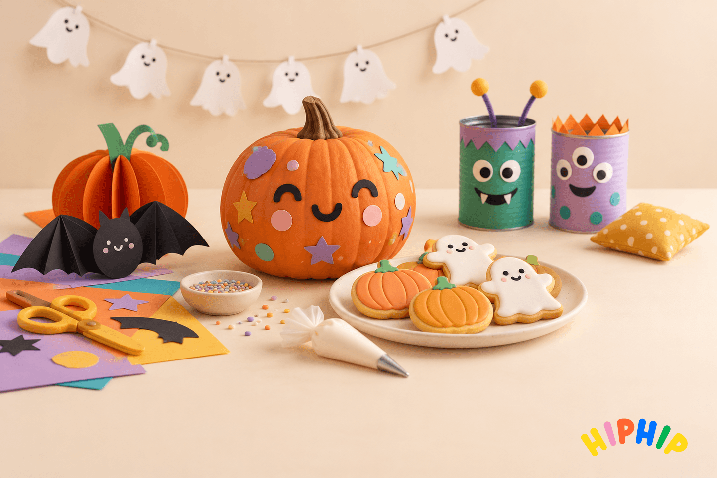 Friendly Halloween party crafts with a decorated pumpkin, paper bats, ghost garland, iced biscuits and monster targets, with the hip hip logo.
