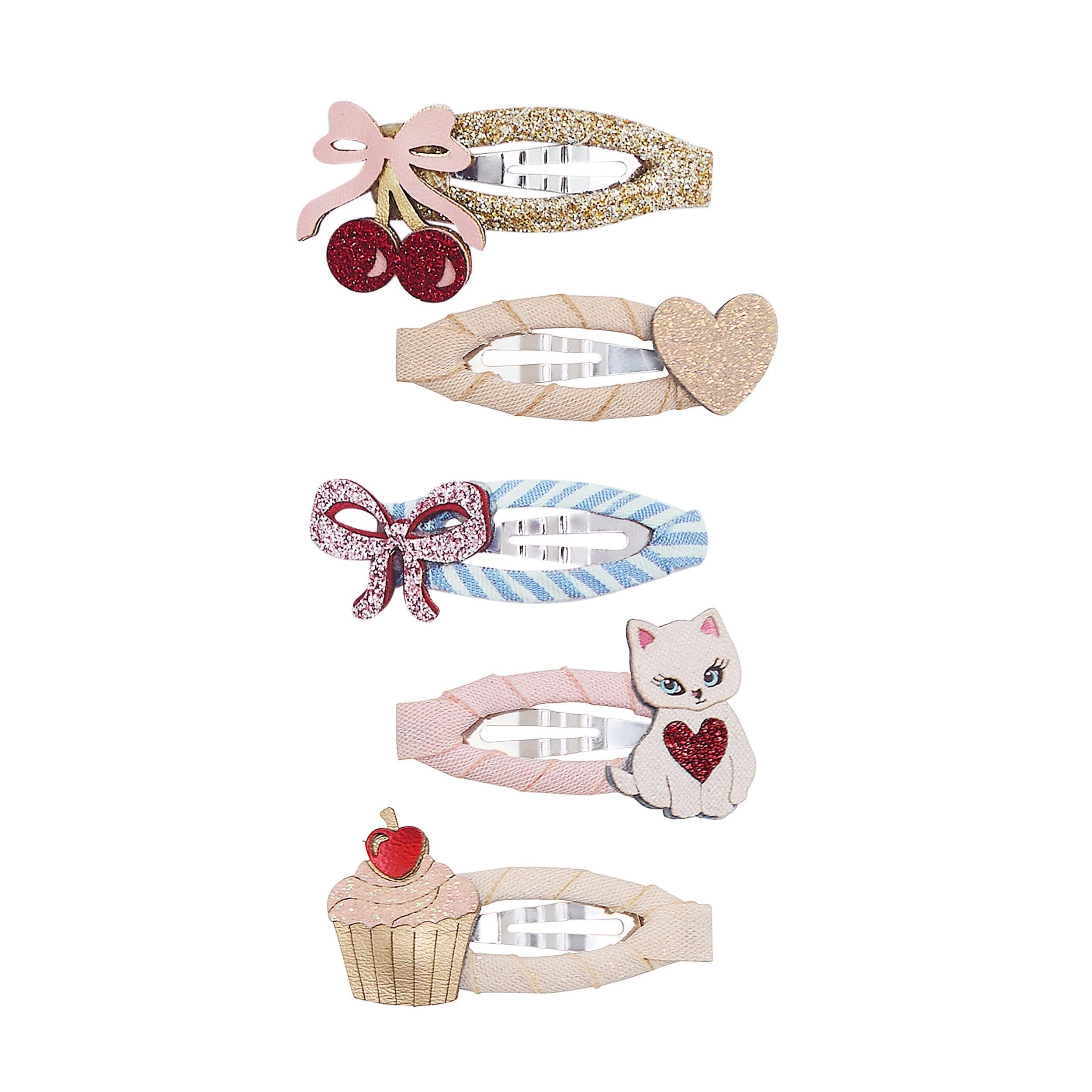 Five mini hair clips with cherry, heart, cat, bow and cupcake motifs in pink, gold and pale blue