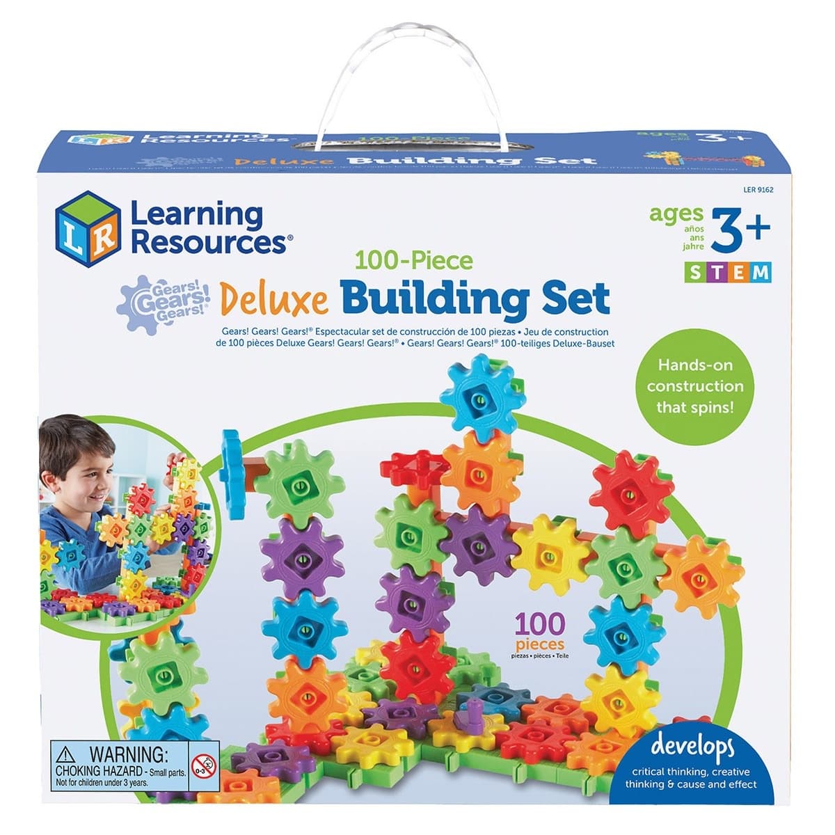 Learning Resources Gears! Gears! Gears! 100-Piece Deluxe Building Set box showing a multicoloured working gear construction