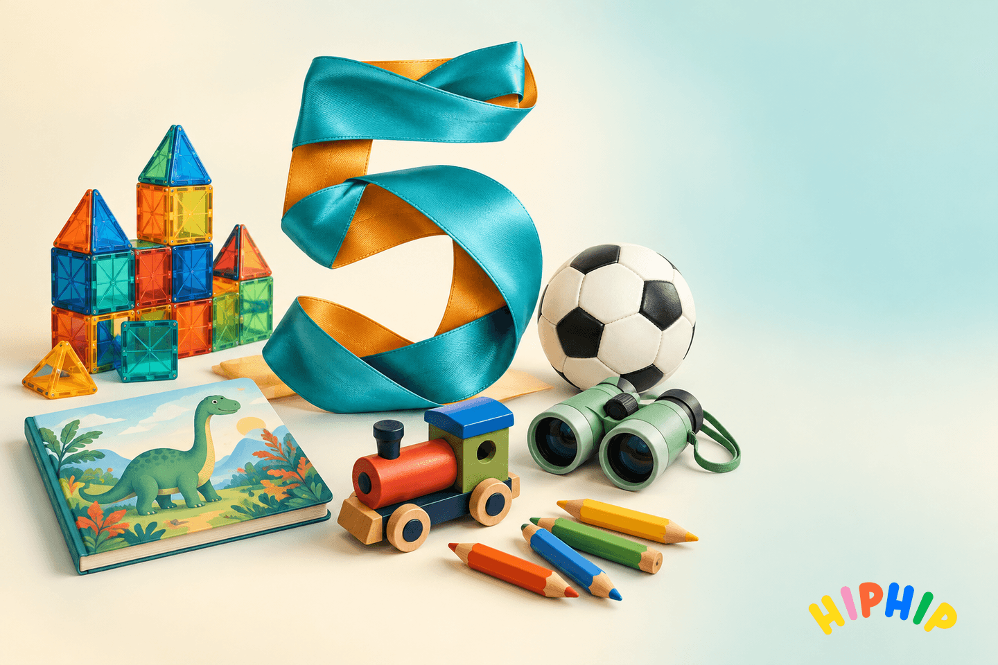 A ribbon number five surrounded by magnetic tiles, a dinosaur book, wooden train, binoculars, football and art pencils, with the hip hip logo.