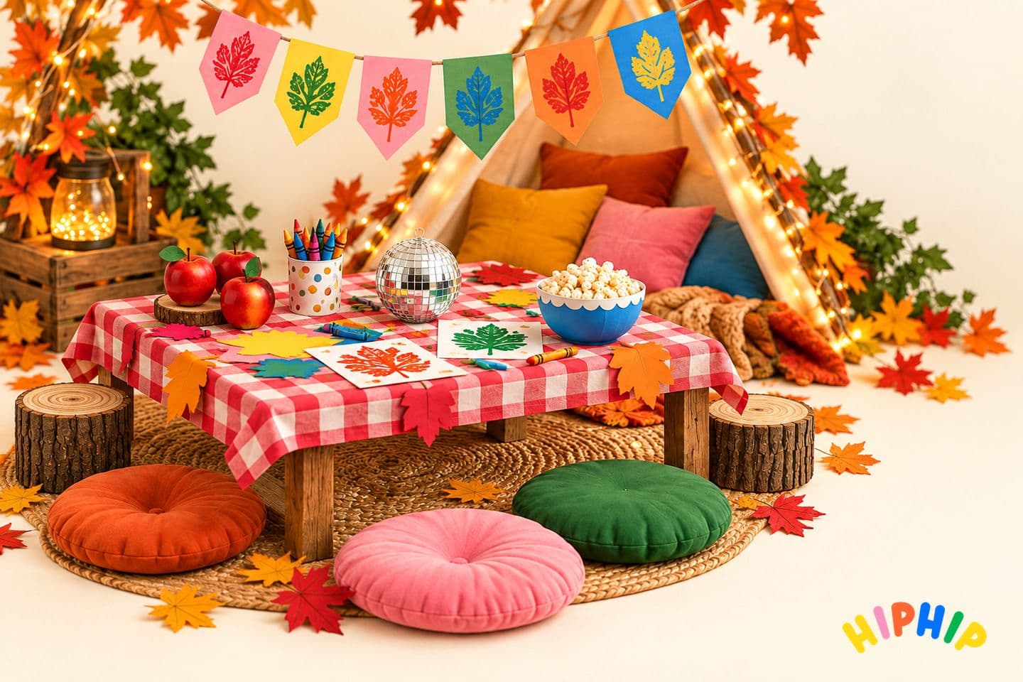 Autumn party table with leaf bunting, apples, crayons, disco ball, popcorn and cosy cushions