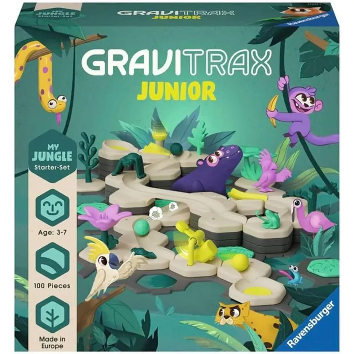 GraviTrax Junior Jungle marble run assembled with green tracks, height blocks, marbles, trees and animal decorations