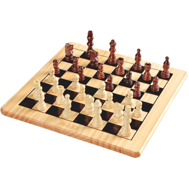 Wooden chess board and Staunton pieces with rules.