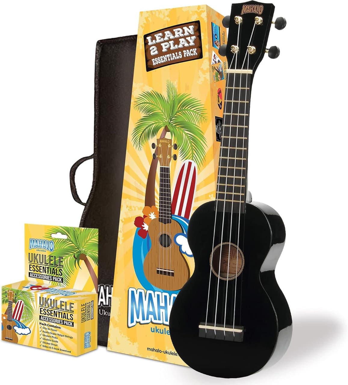 Black Mahalo soprano ukulele with the accessories in the Essential Pack