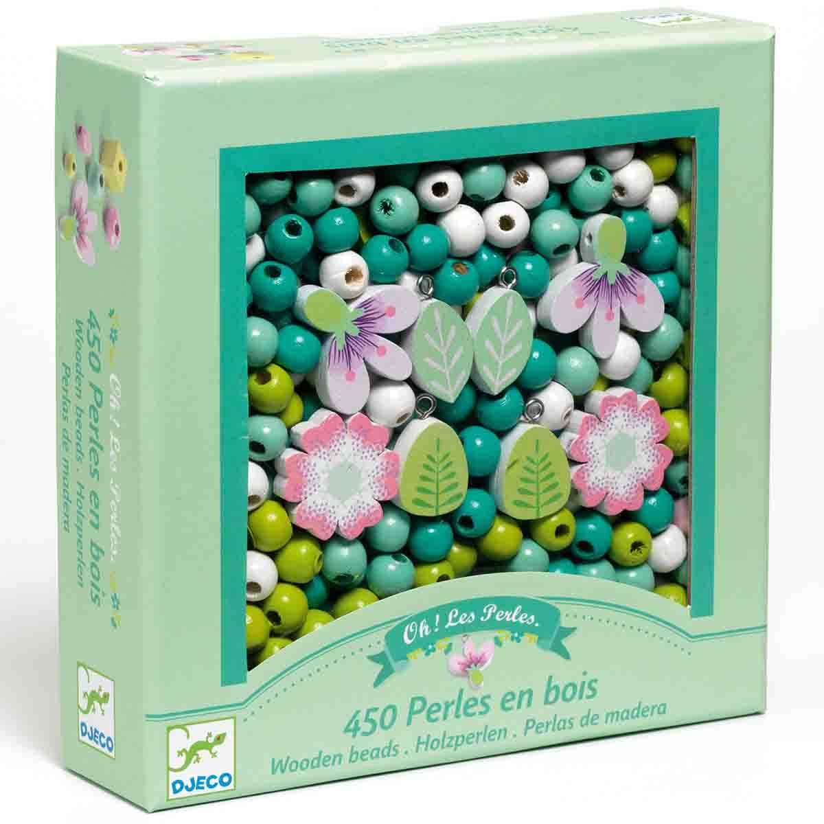 Djeco Leaves & Flowers threading set box with colourful wooden beads, leaf and flower charms and elastic cord