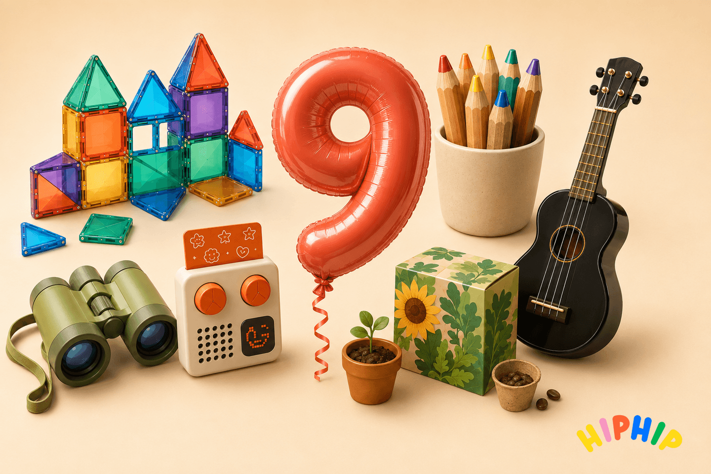 Colourful 3D illustration of a red number nine balloon surrounded by art, music, nature, audio and construction gifts