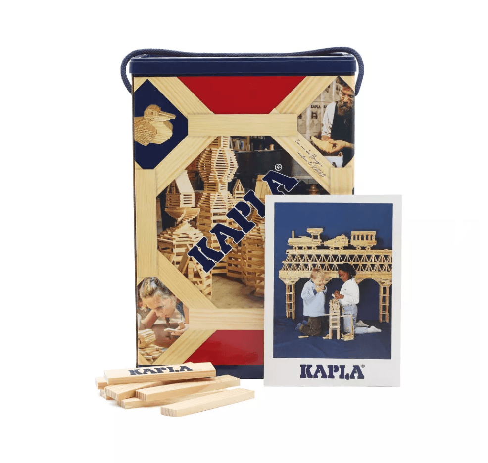 KAPLA 200 Box with natural pine planks and example balanced constructions