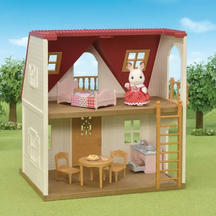 Sylvanian Families Red Roof Cosy Cottage with Chocolate Rabbit girl, kitchen, table, chairs and bed