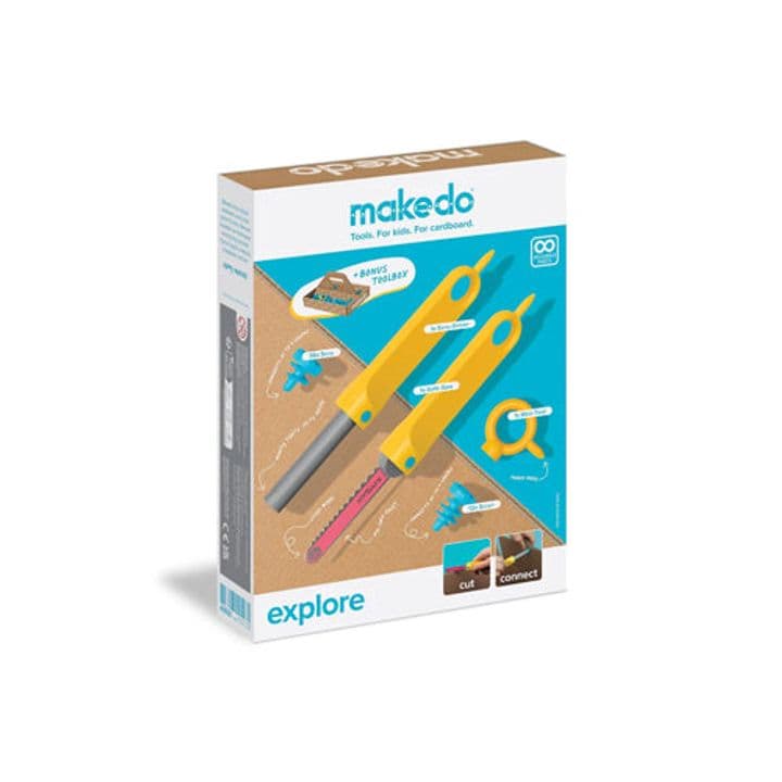 Makedo Explore cardboard construction tools and reusable connectors in retail packaging