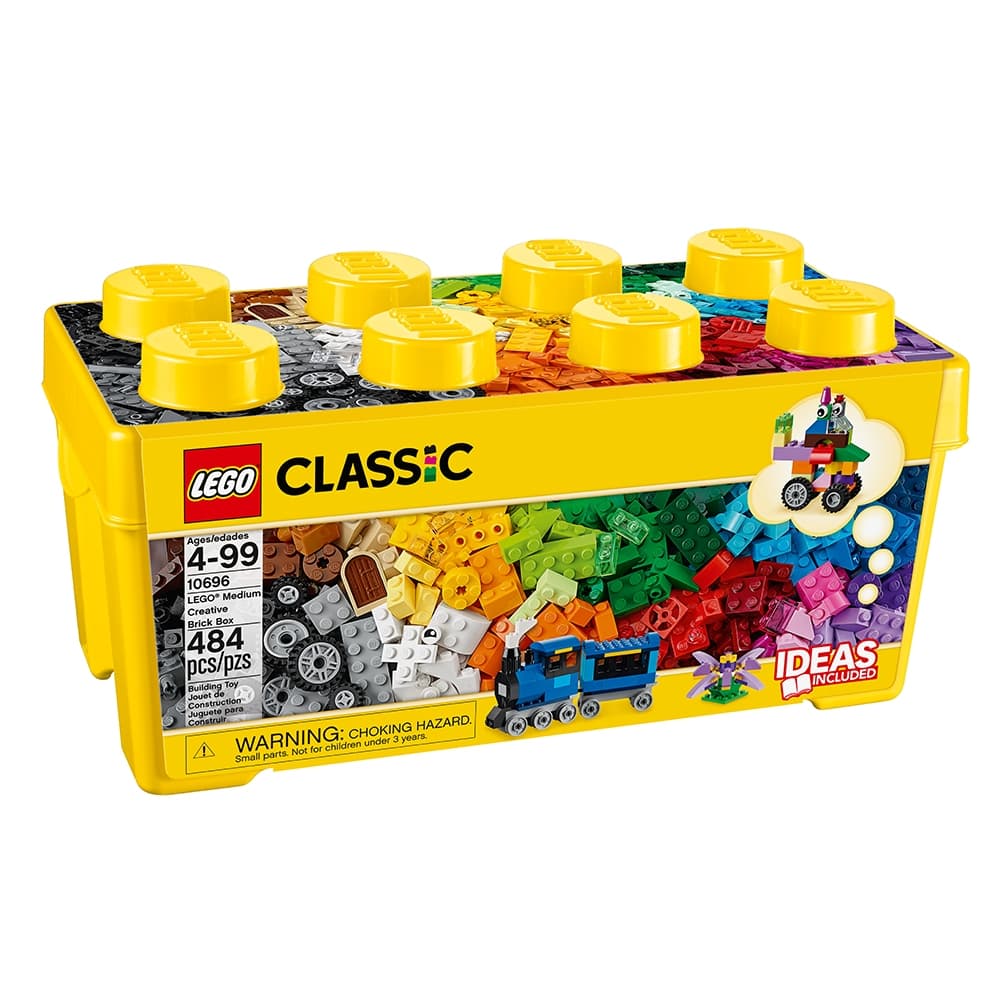 Yellow LEGO storage box surrounded by colourful brick-built animals, vehicles and a house