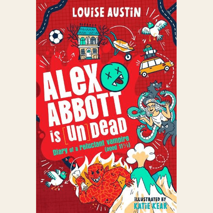 Red Alex Abbott is Undead paperback cover with cartoon vampire-adventure illustrations, credited to Louise Austin and Katie Kear.