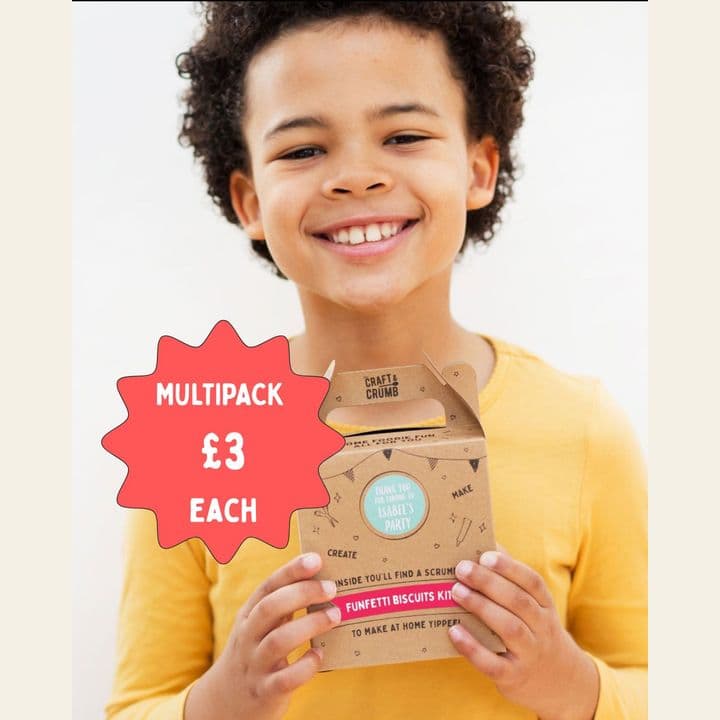 Ten flat-packed Funfetti biscuit making party bags