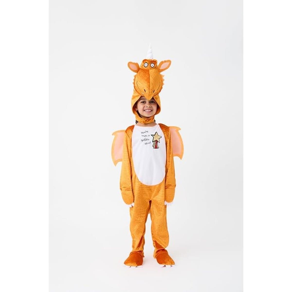 Orange Zog dragon costume with hood, wings and tail
