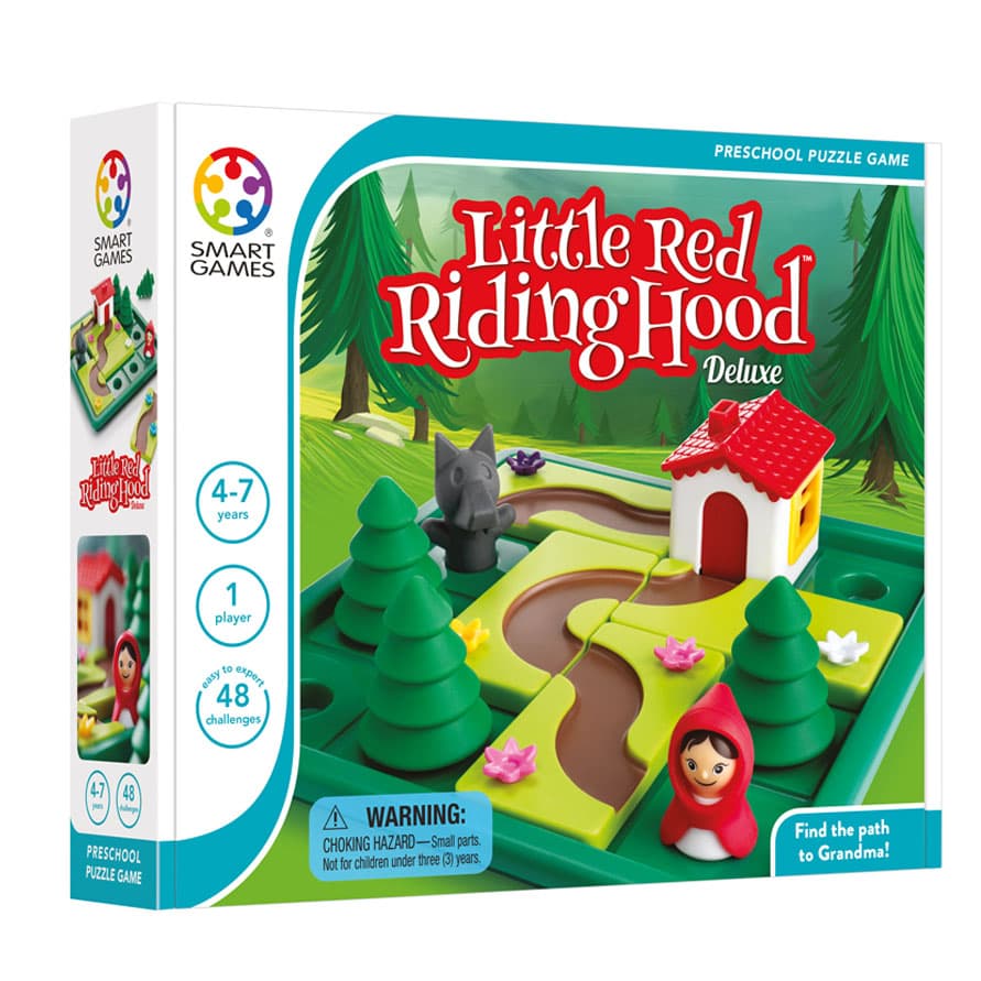 Smart Games Little Red Riding Hood Deluxe box with game board, cottage, trees, wolf and Red Riding Hood pieces