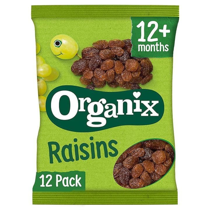 Box of twelve small Organix raisin snack packs