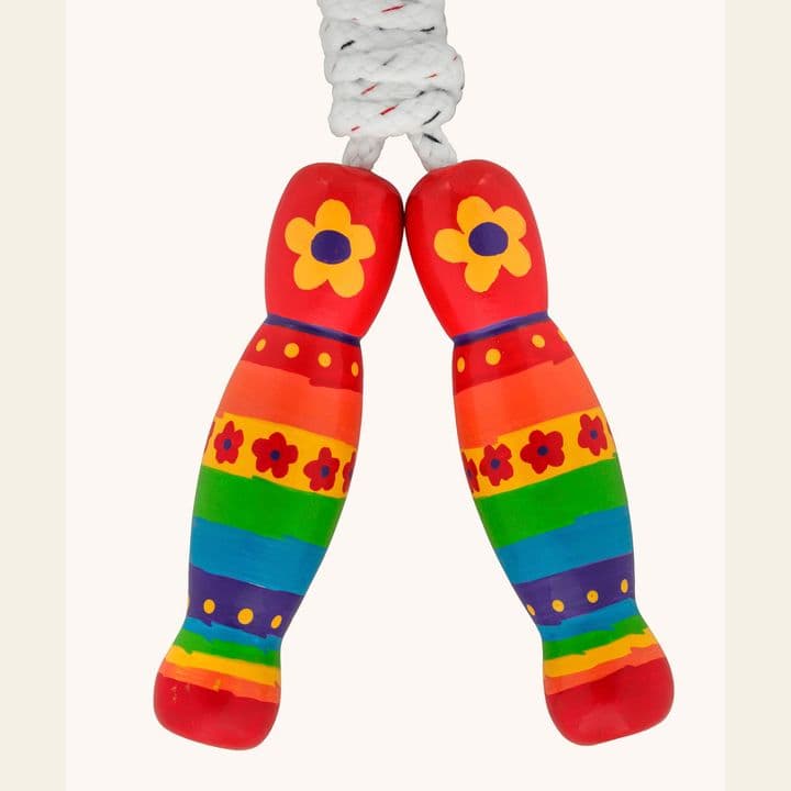 Skipping rope with painted wooden flower handles