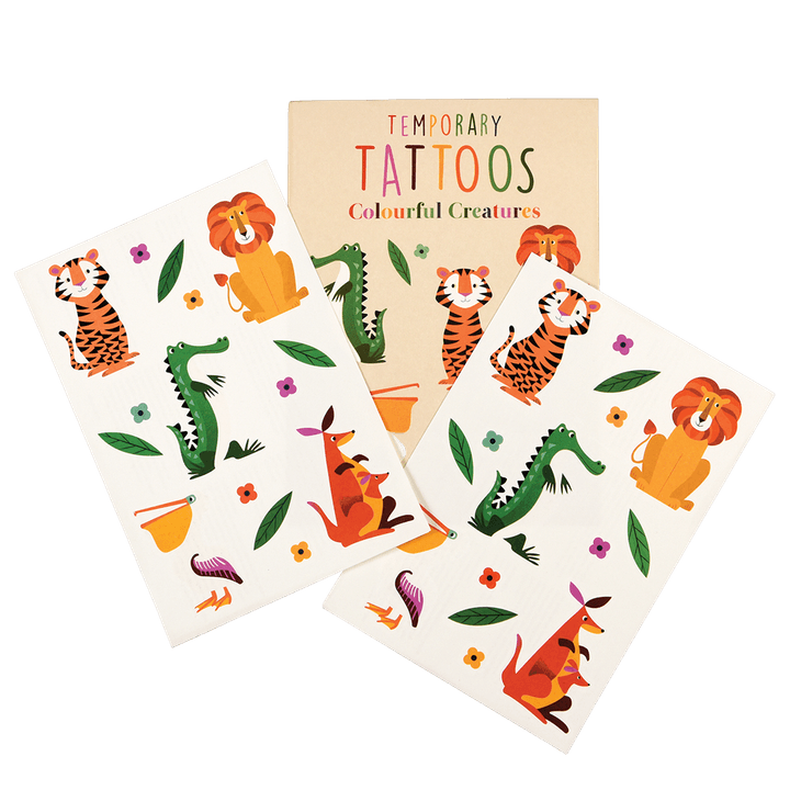 Two sheets of colourful animal temporary tattoos