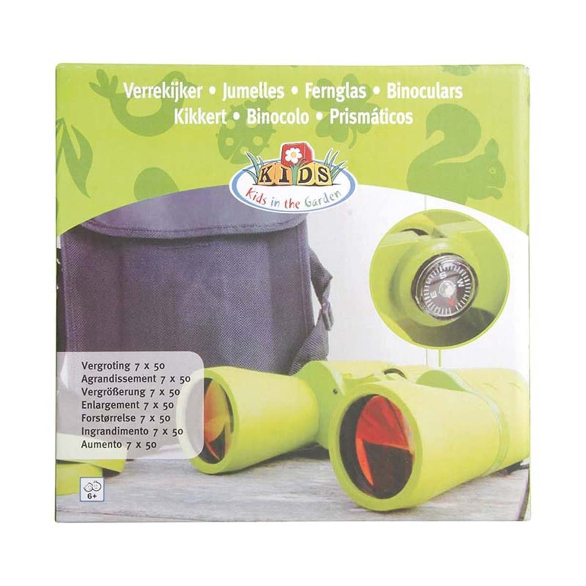 Black children's 7x50 binoculars beside a black canvas carry case and gift box