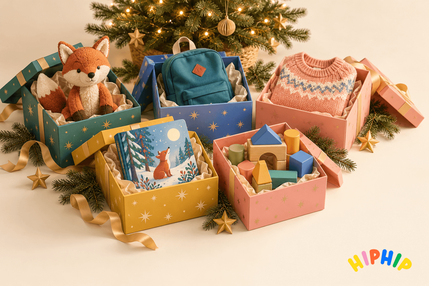 Five Christmas gift boxes with a cuddly fox, backpack, jumper, storybook and building blocks, with the hip hip logo