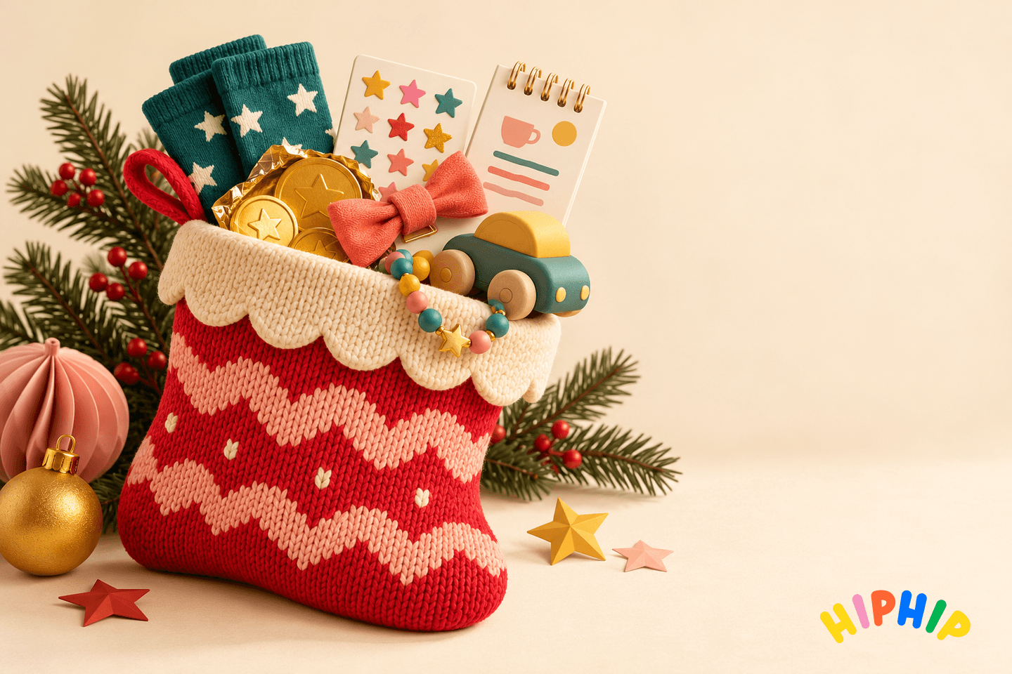 A knitted Christmas stocking filled with colourful small gifts, socks, nail stickers, a bracelet, chocolate coins and a pretend-play notepad, with the hip hip logo.