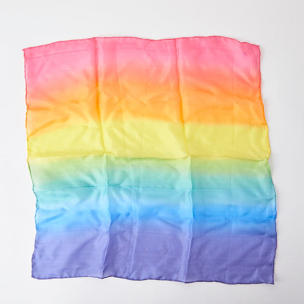 Square rainbow silk play cloth with blended bands of colour