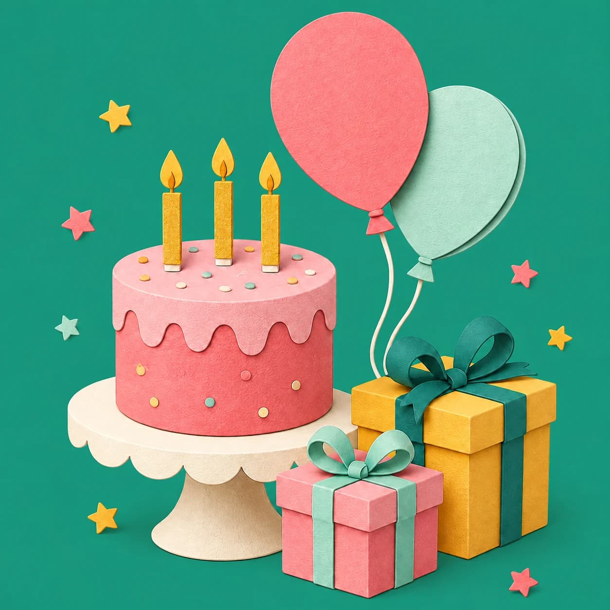 A pink birthday cake, colourful presents and balloons in a playful paper illustration
